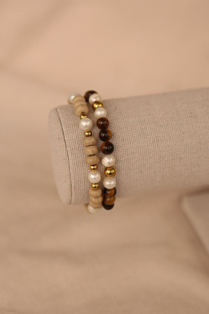 Pulsera acero inoxidable con perla de rio y piedra semipreciosa