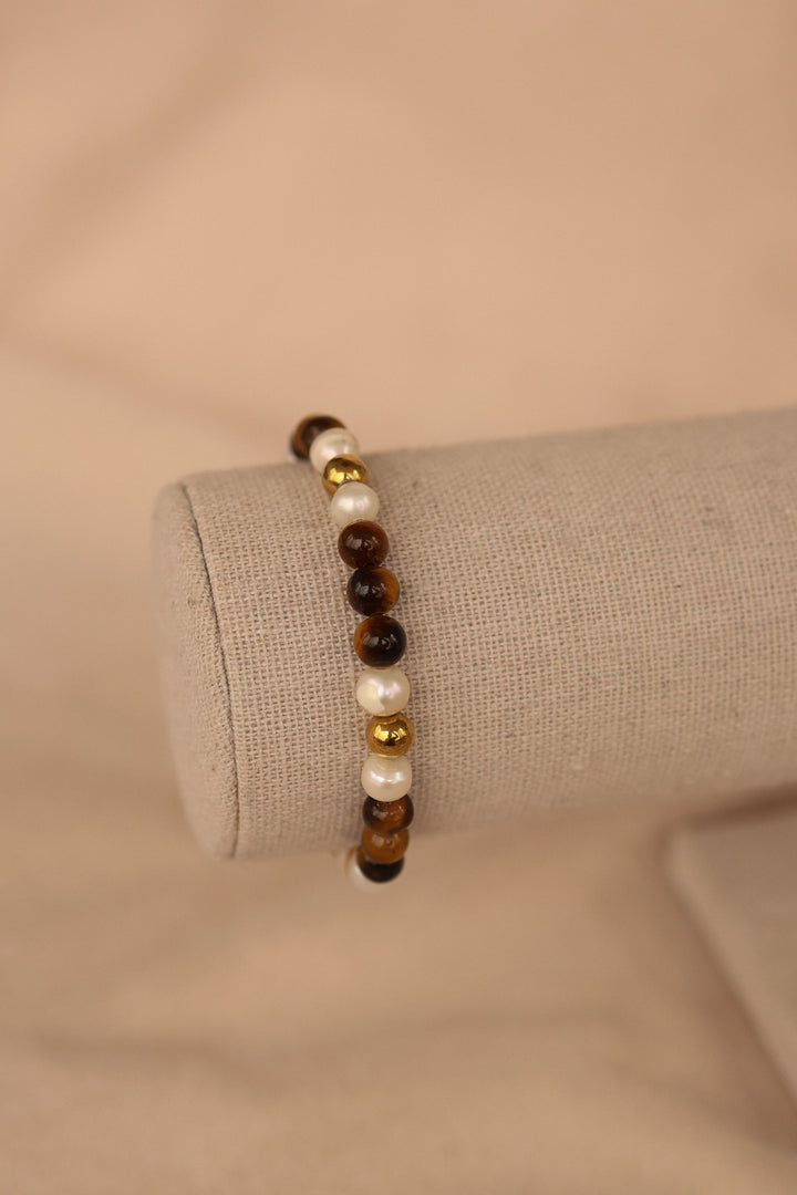 Pulsera acero inoxidable con perla de rio y ojo de tigre